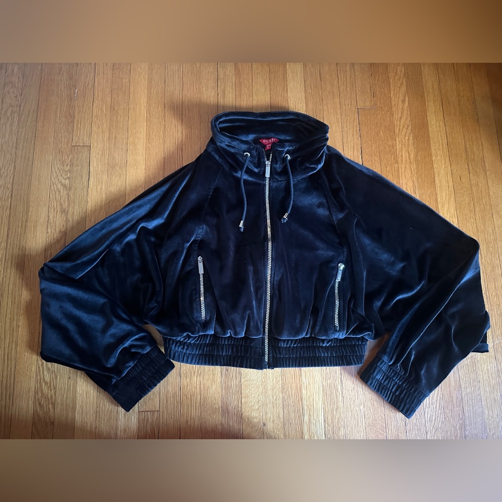 GUESS Black Velour Cropped Zip Up, Size M